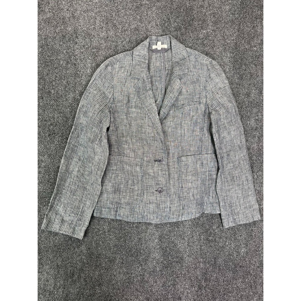 Eileen Fisher  Women Gray‎ White Striped Blazer 100% Linen Lightweight Size PP